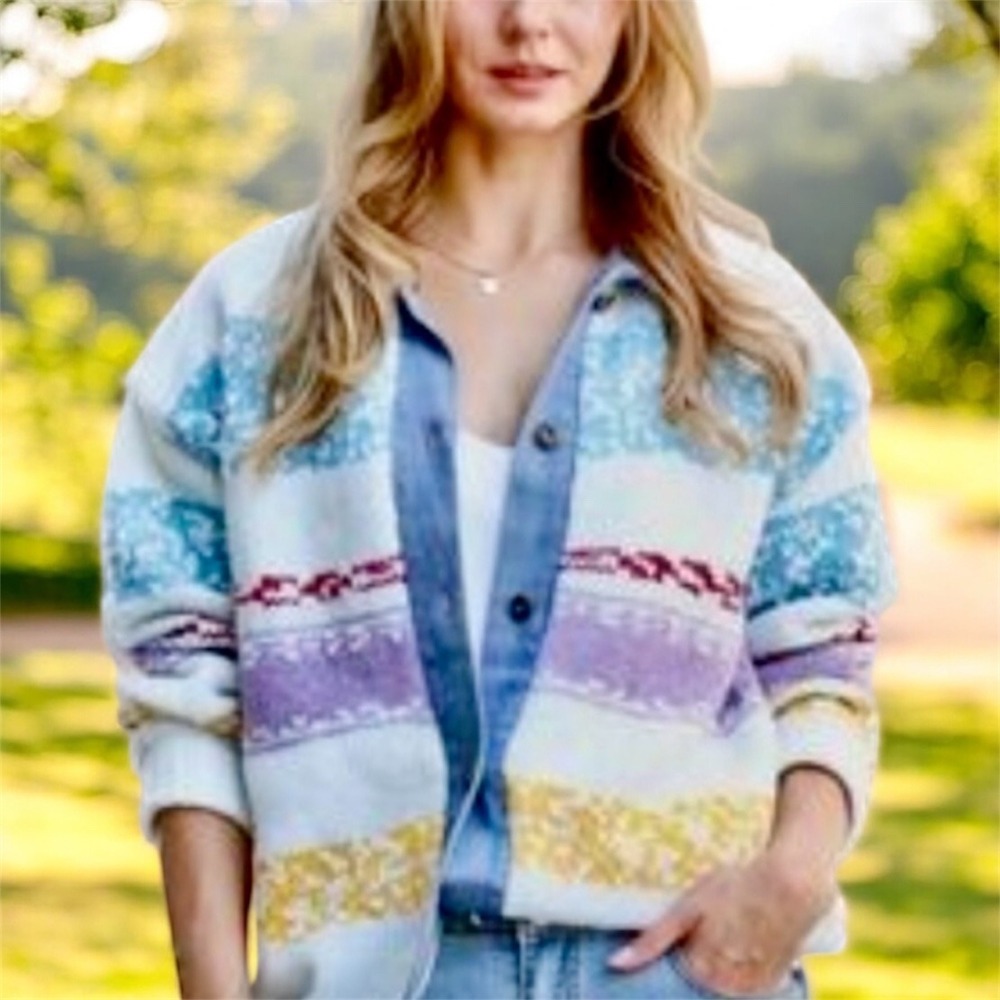 Mazik Vintage Mixed Media Denim Collar Knit Cardigan Sweater Striped Womens‎ S